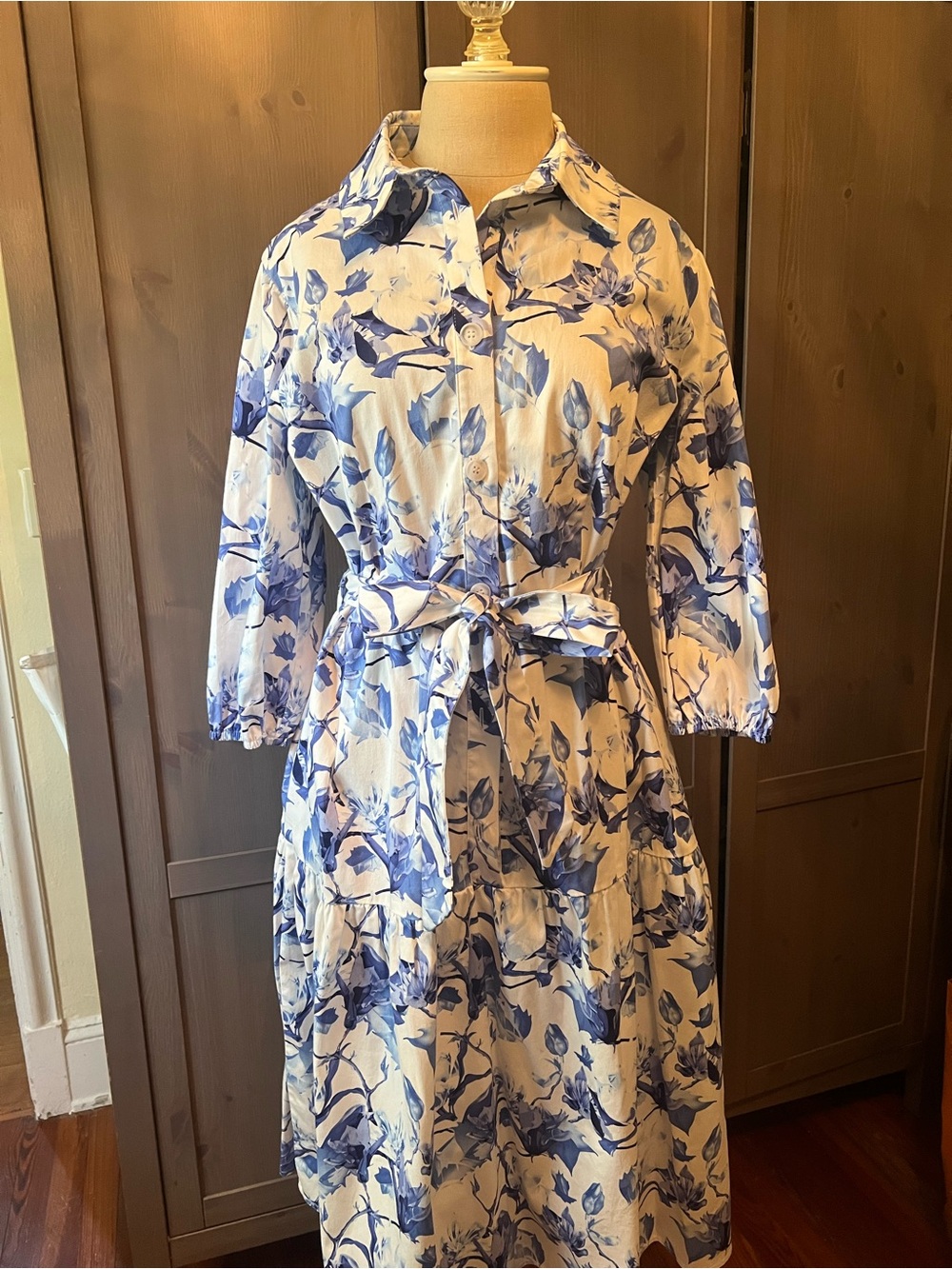 Helene Berman White and Blue Floral Midi Shirt Dress